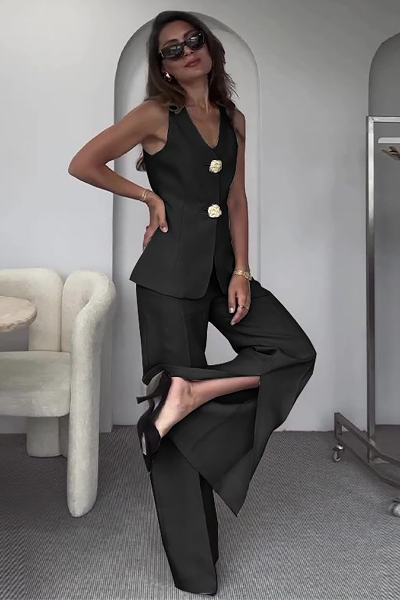 Metal Button Up V Neck Vest Slit Wide Leg Pants Matching Set-Grey-Hayhty.All Rights Reserved.