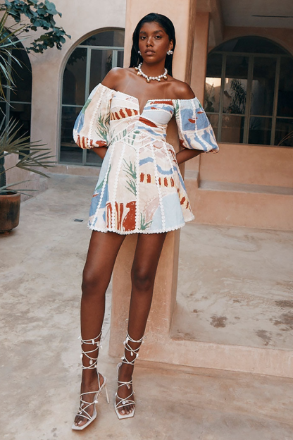 Painting Print Off Shoulder Puff Sleeve A-Line Mini Dresses-Beige-Hayhty.All Rights Reserved.