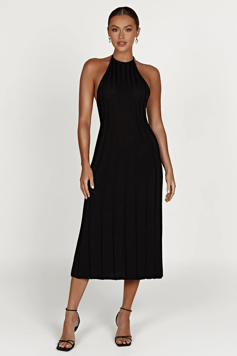 Solid Color Pleated Knit Open Back Halter Midi Dresses-White-Hayhty.All Rights Reserved.