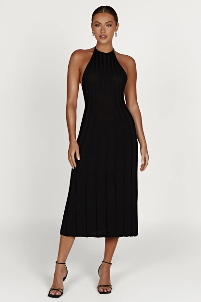 Solid Color Pleated Knit Open Back Halter Midi Dresses-White-Hayhty.All Rights Reserved.