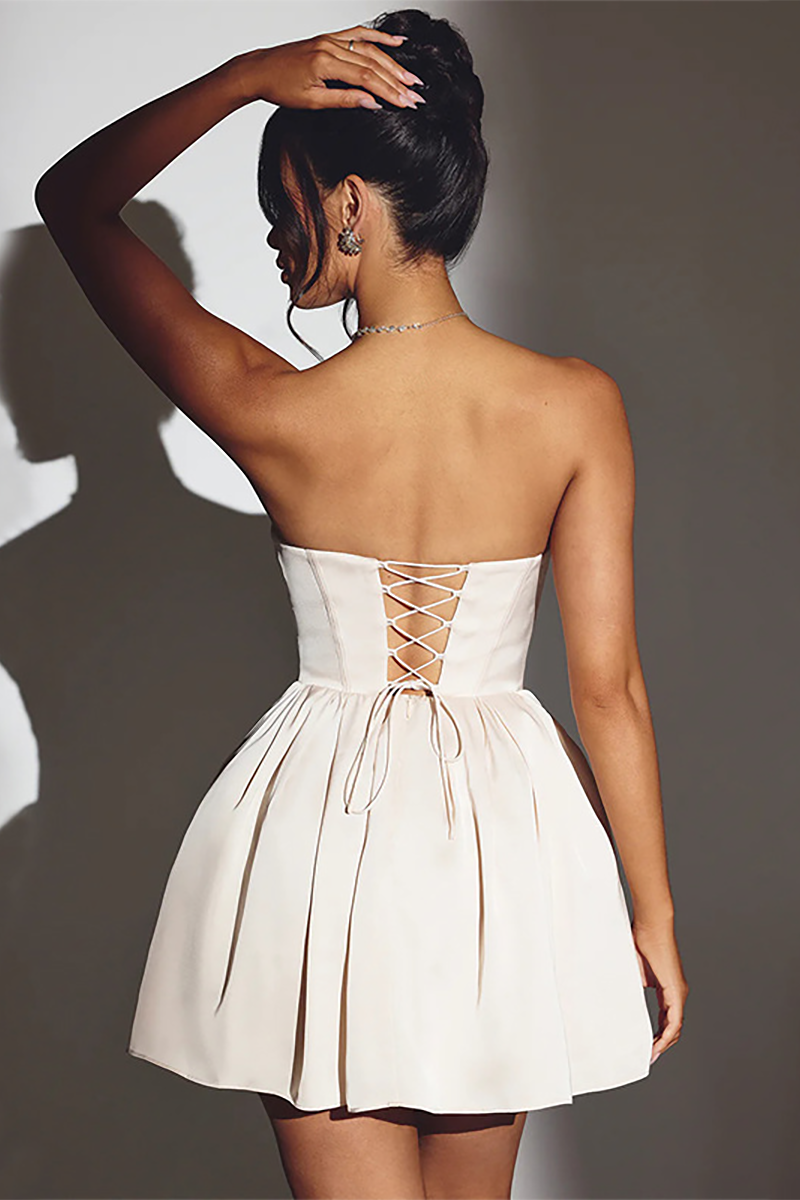 Sweetheart Neckline Strapless Cinch Waist Back Lace Up Mini Dresses-White-Hayhty.All Rights Reserved.
