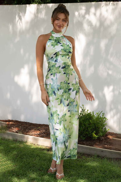 Floral Print Halter Backless Flowy Vacation Maxi Dresses-Hayhty.All Rights Reserved.