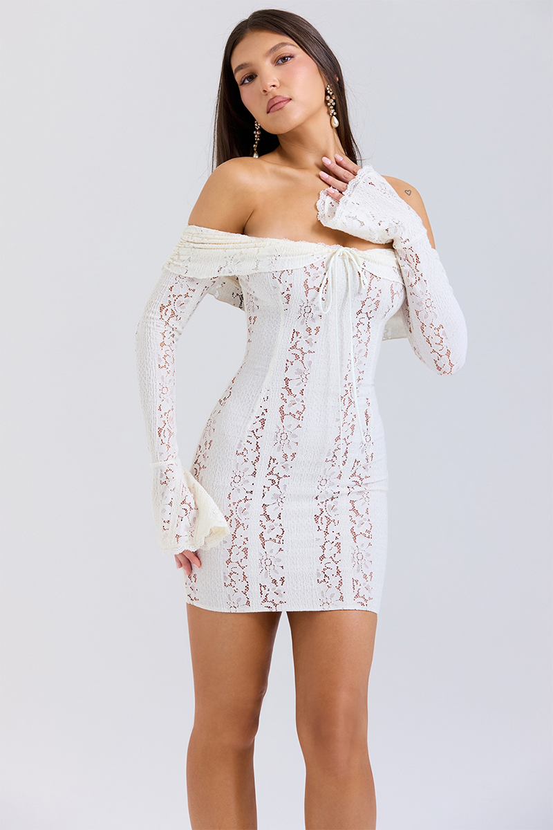 Off Shoulder Flare Sleeve Floral Lace Bodycon Mini Dresses-White-Hayhty.All Rights Reserved.