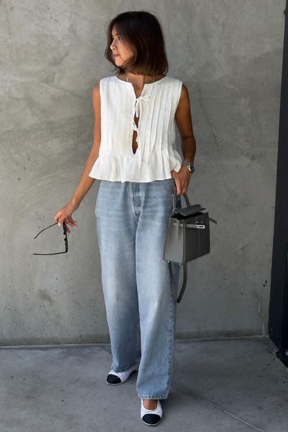 Tie Up Ruffled Sleeveless Top Solid Color Maxi Skirt Matching Set-White-Hayhty.All Rights Reserved.