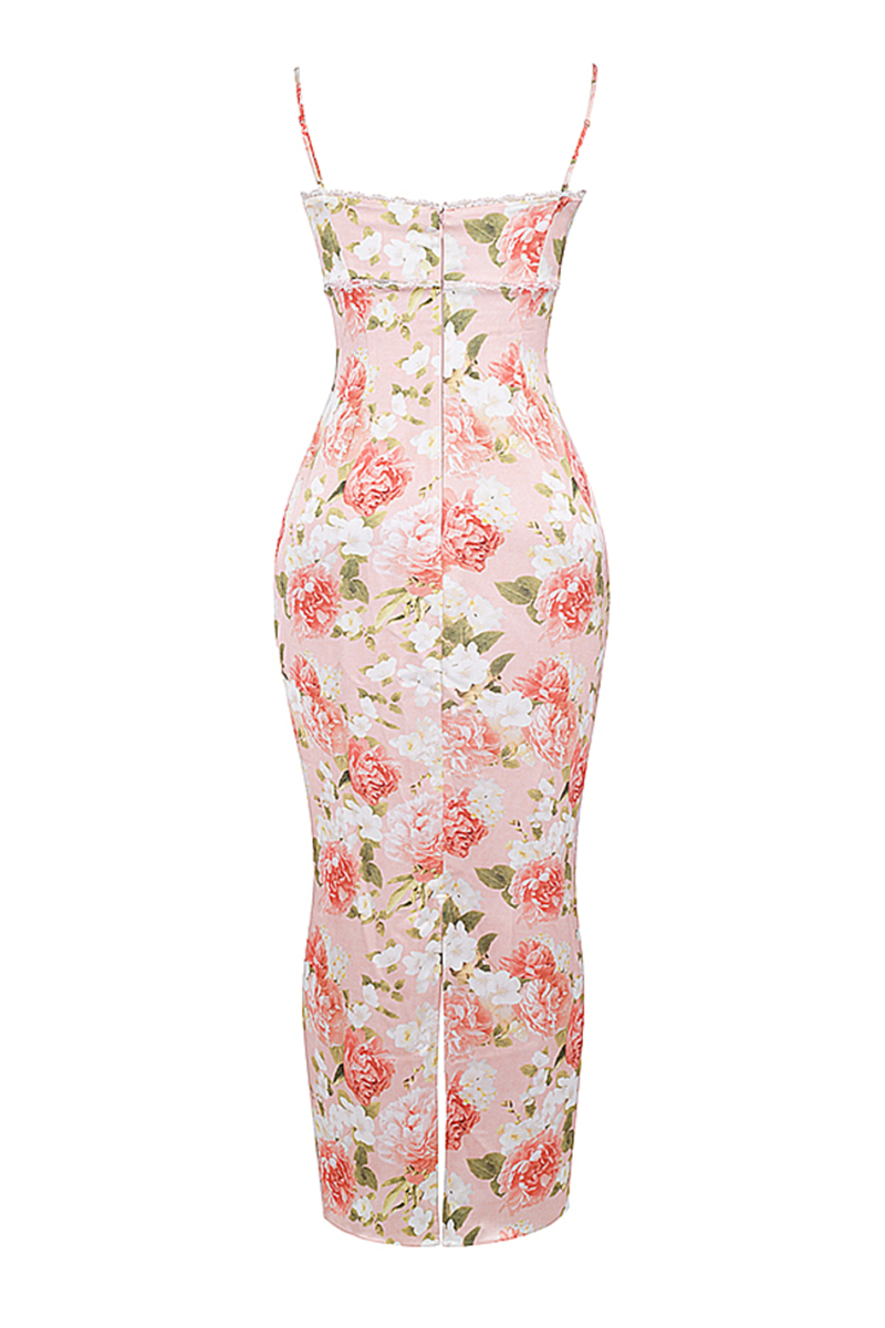 Floral Print Lace Trim Spaghetti Strap Back Slit Hem Slim Fit Maxi Dresses-Pink-Hayhty.All Rights Reserved.