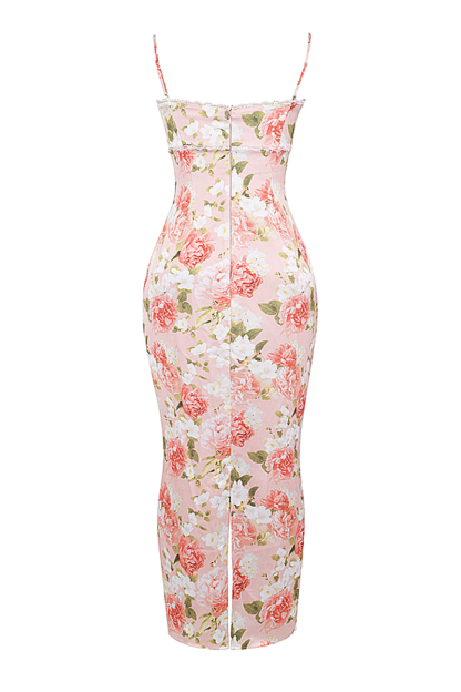 Floral Print Lace Trim Spaghetti Strap Back Slit Hem Slim Fit Maxi Dresses-Pink-Hayhty.All Rights Reserved.