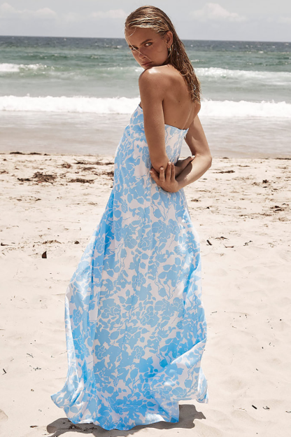 Floral Print Boat Neck Loose Fit Vacation Maxi Tube Dresses-Blue-Hayhty.All Rights Reserved.