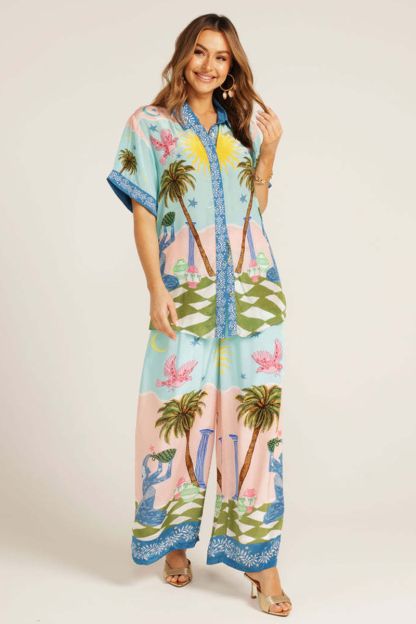 Vacation Mixed Print Short Sleeve Blouse Wide Leg Pants Matching Set-Blue-Hayhty.All Rights Reserved.