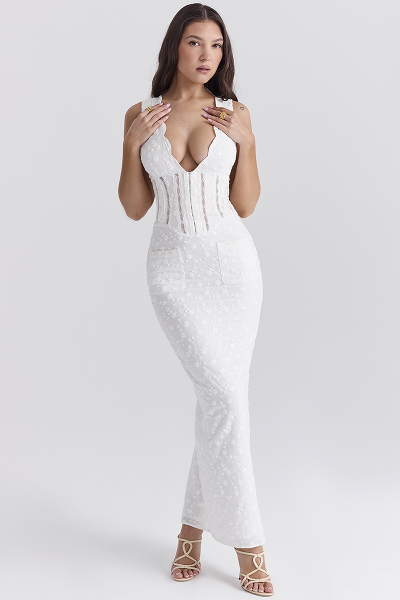 Deep V Neck Cinch Waist Floral Embroidery Maxi Tank Dresses-White-Hayhty.All Rights Reserved.