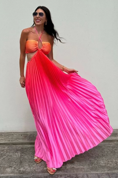 Gradient Color Cross Halter Cutout Backless Pleated Maxi Dresses-Blue-Hayhty.All Rights Reserved.