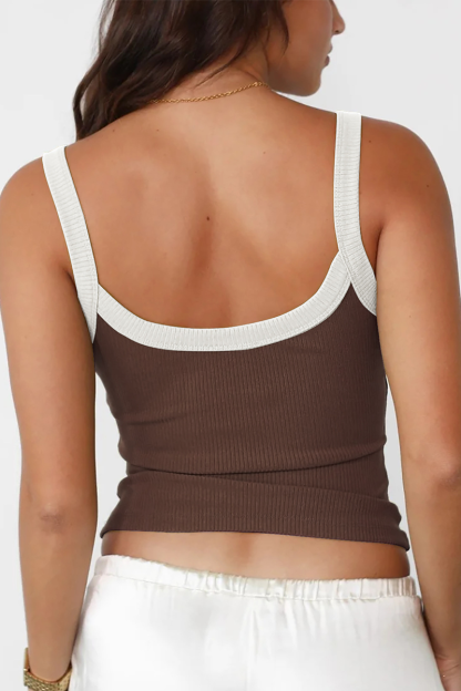 U Neck Contrast Piping Slim Fit Knit Crop Cami-White-Hayhty.All Rights Reserved.