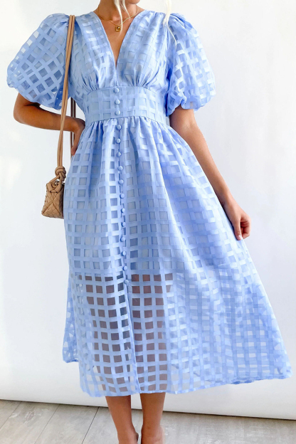 V Neck Lantern Short Sleeve Button Slit Mesh Plaid Vacation Midi Dress-Hayhty.All Rights Reserved.