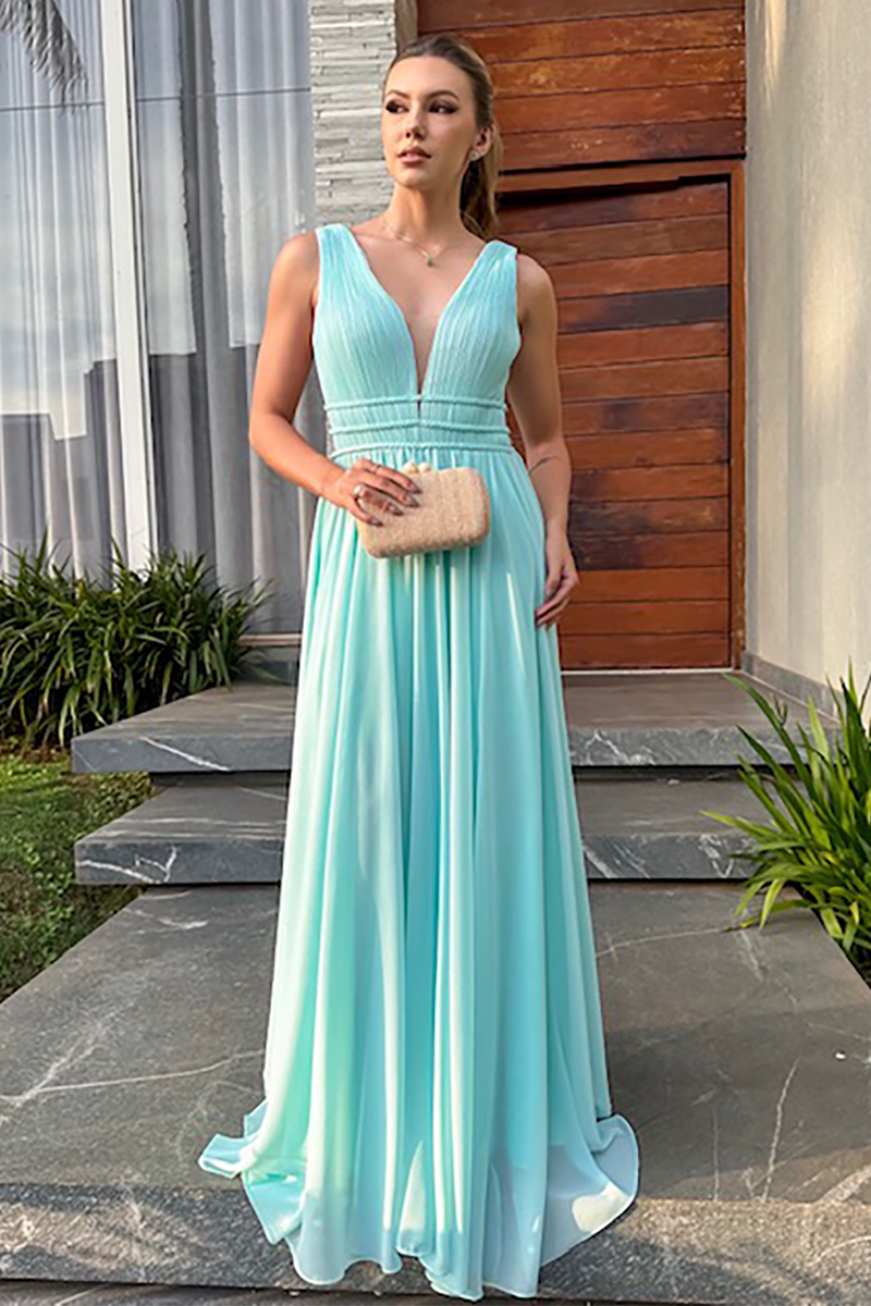 Deep V Neck Cinch Waist Plain Gowns Maxi Tank Dresses-Blue-Hayhty.All Rights Reserved.