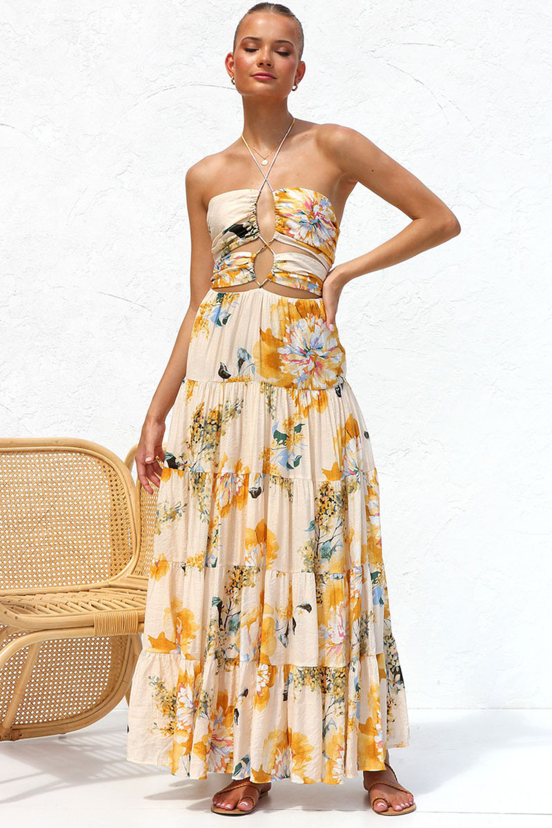 Cutout Halter Print Tiered Backless Vacation Maxi Dresses-Hayhty.All Rights Reserved.