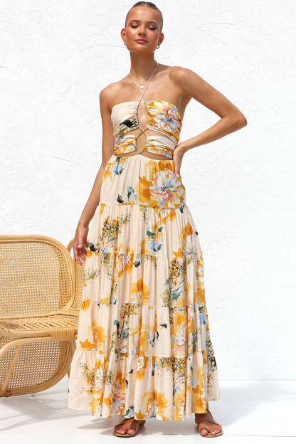 Cutout Halter Print Tiered Backless Vacation Maxi Dresses-Hayhty.All Rights Reserved.