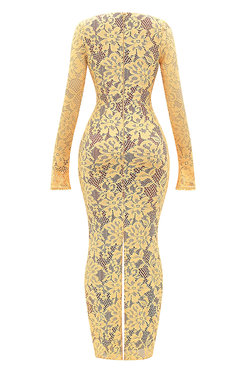 Floral Lace Deep V Neck Long Sleeve Slit Hem Maxi Dresses-Yellow-Hayhty.All Rights Reserved.