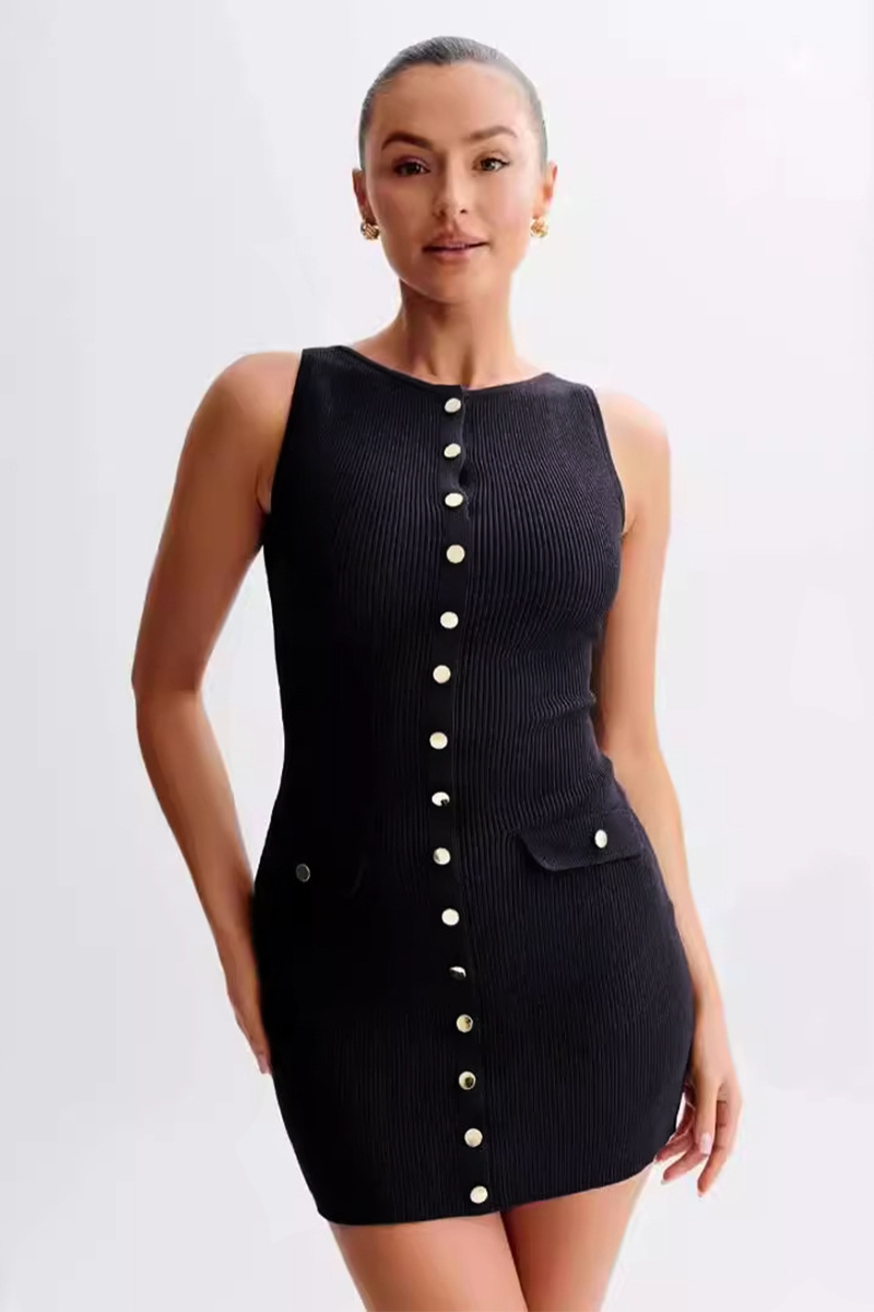 Round Neck Button Up Bodycon Knit Mini Tank Dresses-Navy-Hayhty.All Rights Reserved.