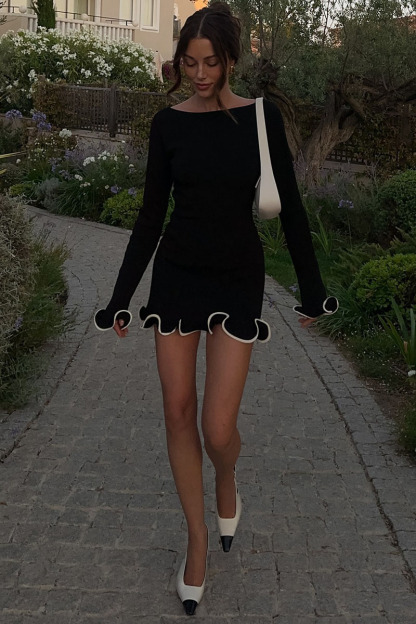 Colorblock Lettuce Trim Long Sleeve Slim-Fit Knit Mini Dresses-White-Hayhty.All Rights Reserved.