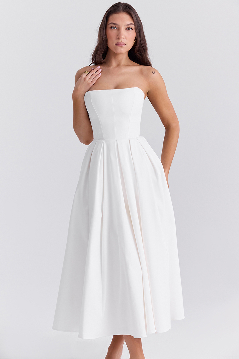 Elegant Strapless Corset Back Zipper Pleated Midi Dresses-White-Hayhty.All Rights Reserved.