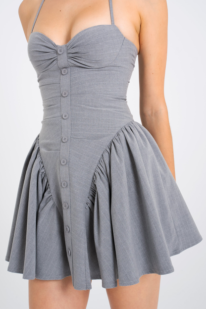 Cinch Waist Button Up Pleated Hem Halter Mini Dresses-Grey-Hayhty.All Rights Reserved.