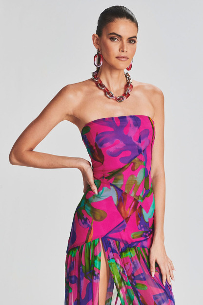 Tropical Print Strapless Mesh Patchwork Slit Hem Vacation Maxi Dress-Hayhty.All Rights Reserved.
