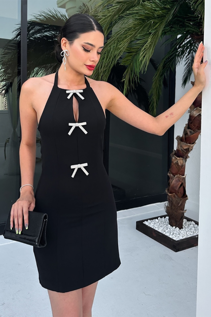 Bow Decor Cutout Halter Neck Bodycon Knit Mini Dresses-Black-Hayhty.All Rights Reserved.