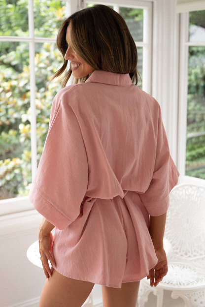 Button Down Loose Sleeve Tie Waist Casual Rompers-Hayhty.All Rights Reserved.