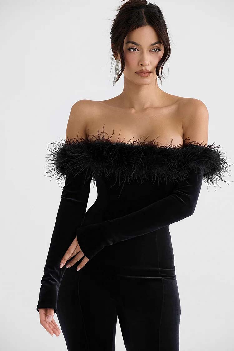 Off Shoulder Feather Trim Long Sleeve Velvet Jumpsuit-Hayhty.All Rights Reserved.