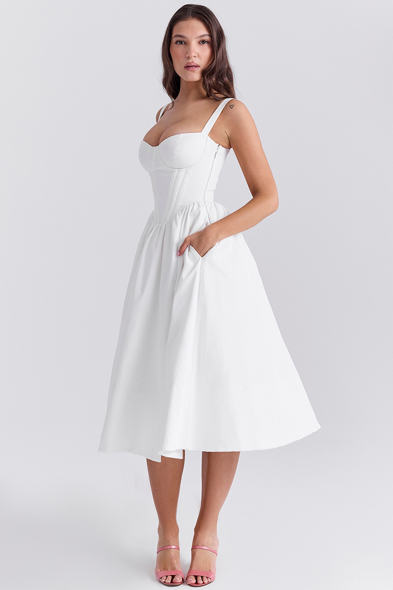 Spaghetti Strap Corset Lace Up Pocket Slit Midi Dresses-White-Hayhty.All Rights Reserved.