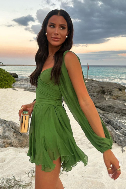 Wrapped V Neck Slit Long Sleeve Irregular Hem Plain Mini Dresses-Hayhty.All Rights Reserved.
