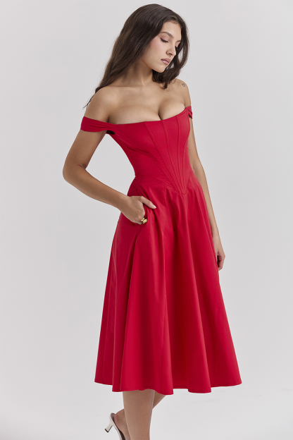 Dropped Shoulder Corset A-Line Slit Solid Color Midi Dresses-Red-Hayhty.All Rights Reserved.