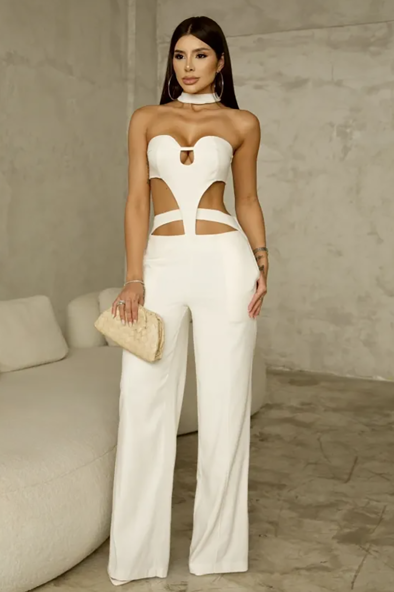 Sleeveless Halter Neck Cutout Wide Leg Irregular Jumpsuit-Ivory-Hayhty.All Rights Reserved.