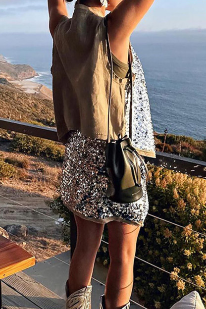 Sparkling Sequin Vest Slim Fit Mini Skirt Matching Set-Silver-Hayhty.All Rights Reserved.