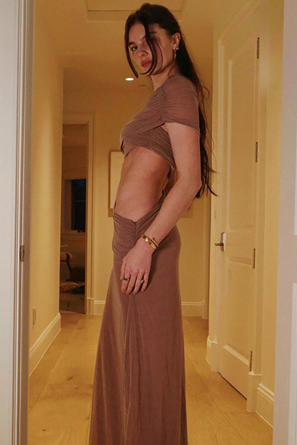 Skew Neck Ruched Cutout Slim Fit Maxi Dresses-Brown-Hayhty.All Rights Reserved.