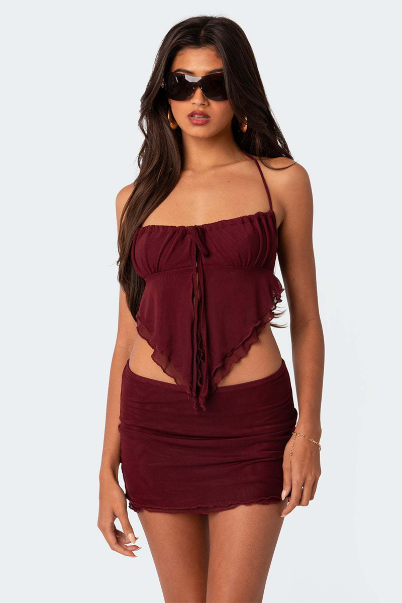 Ruched Tie Up Halter Irregular Crop Top Bodycon Mini Skirt 2pcs Set-Burgundy-Hayhty.All Rights Reserved.