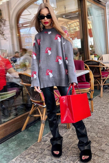 Mushroom Jacquard Pattern Round Neck Long Sleeve Loose Fit Sweater-Black-Hayhty.All Rights Reserved.