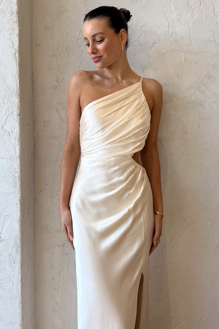 One Shoulder High Slit Ruched Evening Gown Cami Maxi Dress-Hayhty.All Rights Reserved.