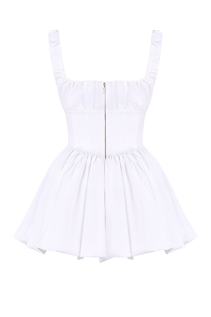 Square Neck Ruched Cinch Waist Bubble Hem Mini Dresses-White-Hayhty.All Rights Reserved.