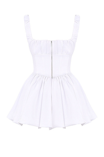 Square Neck Ruched Cinch Waist Bubble Hem Mini Dresses-White-Hayhty.All Rights Reserved.