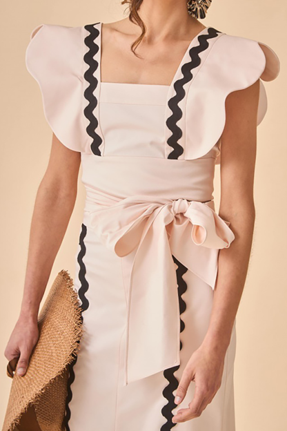 Wavy Trim Flutter Sleeve Tie Up Slim Fit Midi Dresses-Pink-Hayhty.All Rights Reserved.