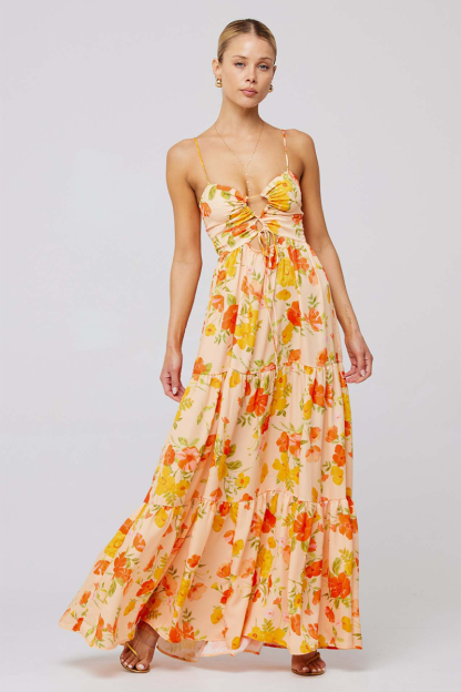 Floral Print Front Tie Up Spaghetti Strap Flowy Maxi Dresses-Orange-Hayhty.All Rights Reserved.