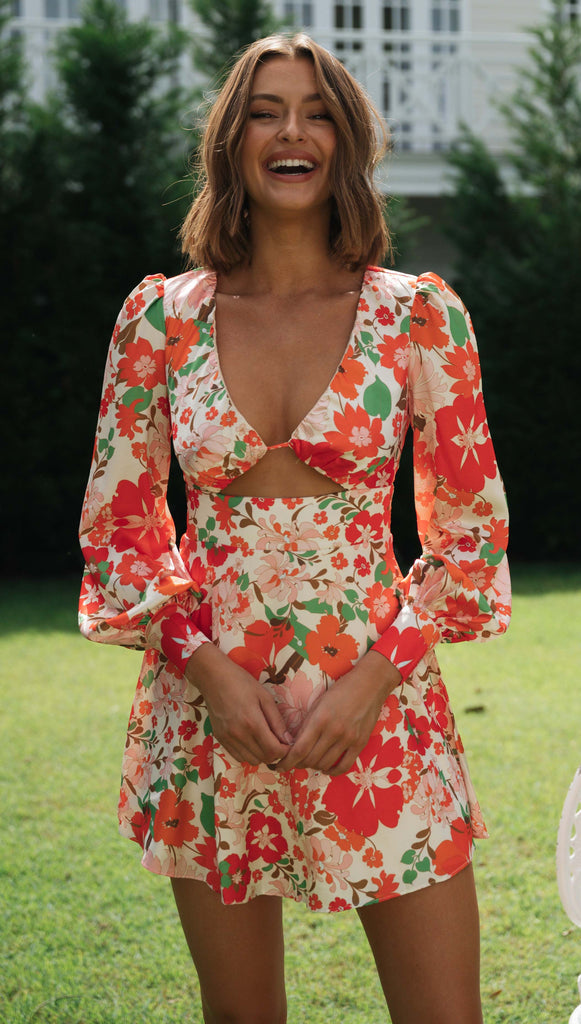 Floral Blossom Bubble Sleeves Cutout Mini Dress-Hayhty.All Rights Reserved.