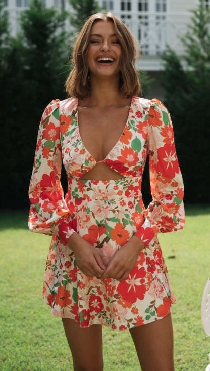 Floral Blossom Bubble Sleeves Cutout Mini Dress-Hayhty.All Rights Reserved.