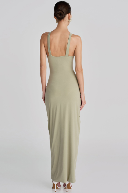 3D Flower Decor Slim Fit Ruched Sleeveless Maxi Dresses-Green-Hayhty.All Rights Reserved.