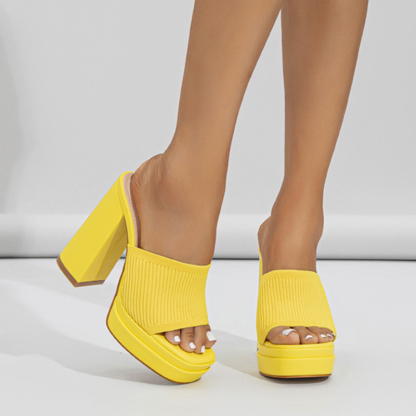 Knit Patchwork Square Toe Platform Chunky Heels-Blue-Hayhty.All Rights Reserved.
