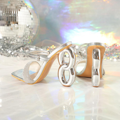 Multi Straps Metallic Sheen Square Toe Slip On Sandal Heels-Hayhty.All Rights Reserved.
