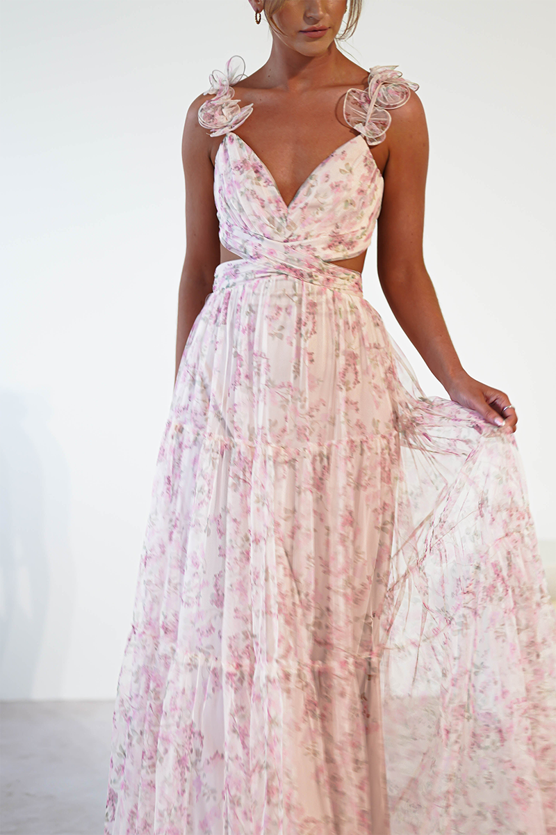 Ditsy Floral Print Frill Straps Backless Tulle Gowns Maxi Dresses-Pink-Hayhty.All Rights Reserved.