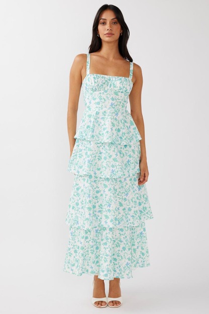 Floral Print Square Neck Straps Back Ribbon Cut Out Tiered Wedding Guest Maxi Dresses-Blue-Hayhty.All Rights Reserved.
