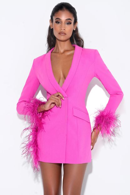 V Neck Feather Trim Blazer Party Mini Dresses-Hayhty.All Rights Reserved.