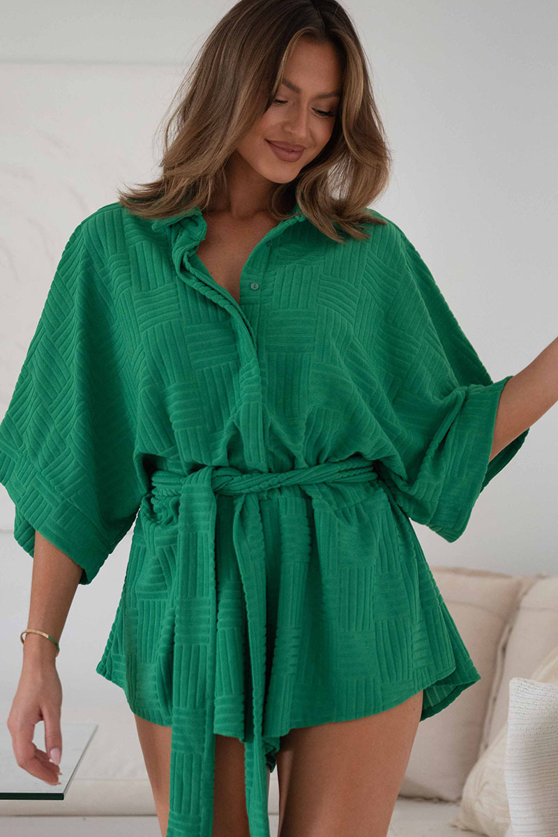 Sleeve Tied Button Down Oversized Waist Rompers-Hayhty.All Rights Reserved.